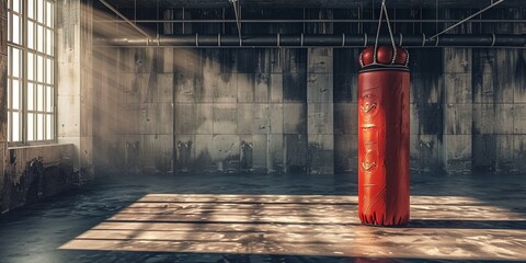 Boxing gym interior. Empty with punching bag hanging from ceiling 