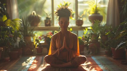 Witness the serene morning ritual as a group of women embark on their journey of renewal and wellness in a tranquil home studio - obrazy, fototapety, plakaty
