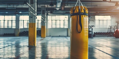 Boxing gym interior. Empty with punching bag hanging from ceiling 