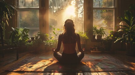 Witness the serene morning ritual as a group of women embark on their journey of renewal and wellness in a tranquil home studio - obrazy, fototapety, plakaty