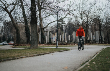 Casual young man cycling through a tranquil park, enjoying nature on an overcast day.