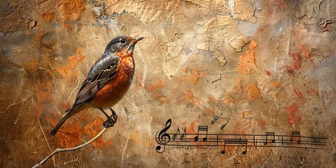 Songbird with sheet music - obrazy, fototapety, plakaty