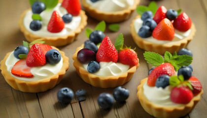 A close-up of a fruit tart with whipped cream, strawberries, and blueberries on a wooden table