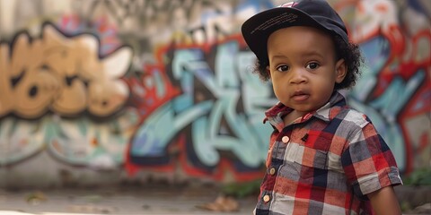 Baby rapper standing in urban setting performing - obrazy, fototapety, plakaty