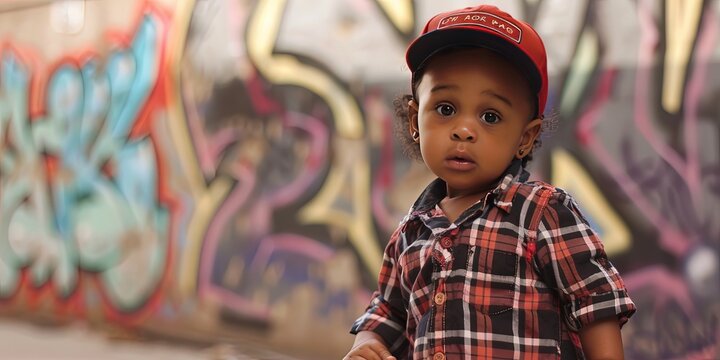 Baby rapper standing in urban setting performing