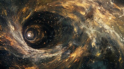 Envision a panoramic view of black hole civilizations that merges science fiction with scientific theory Create a dynamic and engaging image that invites viewers to ponder the mysteries of the univers - obrazy, fototapety, plakaty