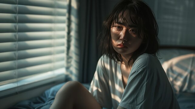 A Domestic violence: Asian woman sitting depressed alone in bedroom Feeling sad and disappointed in love In a dark bedroom and sunlight from the window coming through the blinds.