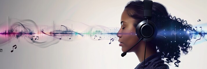 Woman listening to headphones with audio waves and music notes 