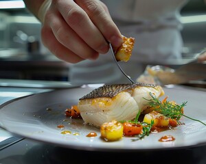 High-end kitchen elegance showcasing the preparation of an exclusive flounder dish