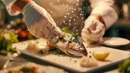 High-end kitchen expertise in preparing an exclusive sea bass and flounder feast - obrazy, fototapety, plakaty