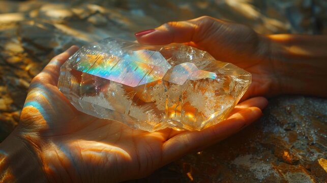 A pair of hands gently holding a delicate crystal the light from its facets casting a rainbow reflection on the persons face. The image represents the idea of using tools