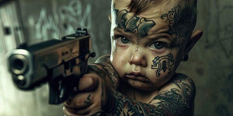 Gangsta thug white baby with face tattoos from prison holding gun - obrazy, fototapety, plakaty