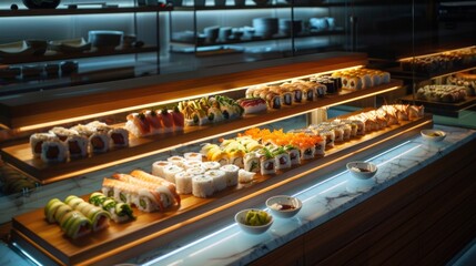 Luxurious sushi spread illuminated under soft lighting