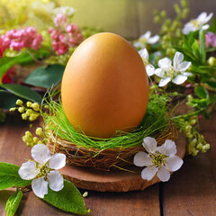 Obraz na płótnie Canvas Colorful Easter eggs and spring flowers
