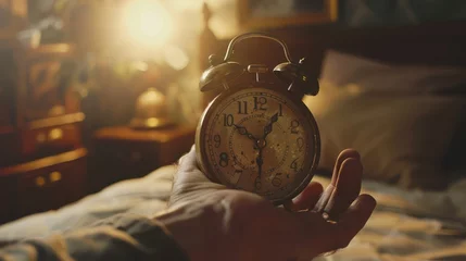 Deurstickers sets the alarm, male hand adjusting or changing the time on clock. vintage alarm clocks. © Phoophinyo