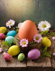Naklejka na ściany i meble Colorful Easter eggs and spring flowers
