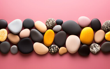 wide stripe of colored decorative stones and sea pebbles on a pink background. abstract background...
