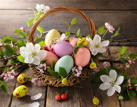 Colorful Easter eggs and spring flowers