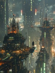 Explore a futuristic metropolis where humans and technology blend seamlessly into one entity, symbolizing the dawn of cyborg cultures Show the harmony between organic and mechanical elements in a visu