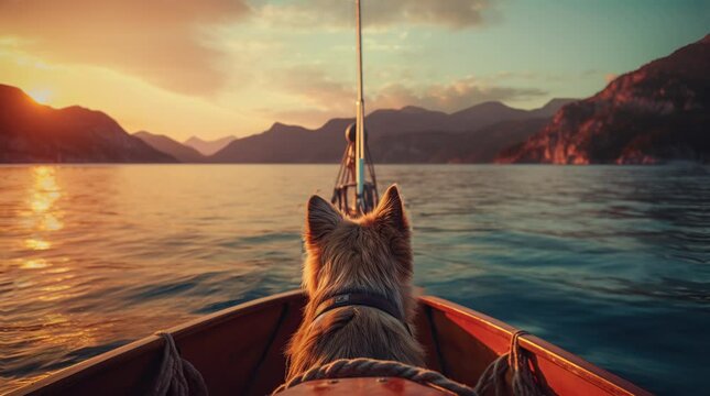 Adorable dog resting on a wooden boat by the tranquil lake
  Seamless looping 4k time-lapse virtual video animation background. Generated AI