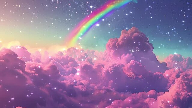 pinky clouds stars and rainbow. seamless looping overlay 4k virtual video animation background