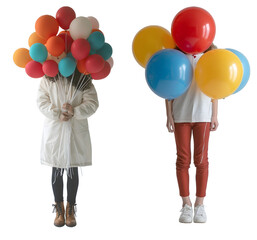 person holding a balloon isolated on a transparent PNG background, white background , Generative Ai