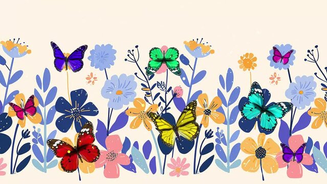 seamless repeating flower border blue purple orange. seamless looping overlay 4k virtual video animation background