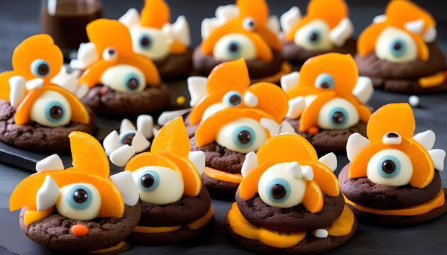 A dessert with chocolate cookies and orange mascarpone cream, decorated with big marshmallow eyes