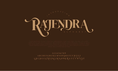 Rajendra premium luxury elegant alphabet letters and numbers. Vintage wedding typography classic serif font decorative vintage retro. Creative vector illustration