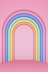 Arch and curve wall stage and podium soft pink green blue pastel stand product display advertisement cute sweet background baby concept. Place fashion and cosmetic or beauty products. 3D Illustration.