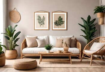 Boho and cozy interior of living room with design beige sofa, pillows, mock up poster frames, rattan coffee tables, plants, bamboo ladder, decoration and personal accessories. Home decor.  