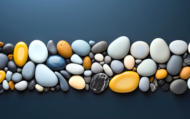 wide stripe of colored decorative stones and sea pebbles on a dark background. abstract background geometric texture.