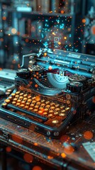 Incorporate a futuristic touch by showcasing emojis morphing into holographic symbols against a background of vintage typewriters and rotary phones, highlighting the profound impact of digital communi - obrazy, fototapety, plakaty