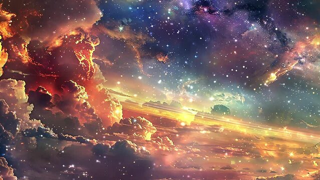 nature fantasy sky with clouds stars and rainbow. seamless looping overlay 4k virtual video animation background