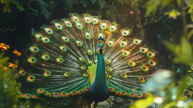 Peacock displaying its full plumage - This image captures a peacock in full display, its plumage radiating with iridescent colors and eye patterns