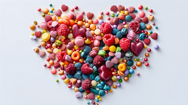 Heart shape arrangement of colorful sweets, white background. For posters, covers, fruit