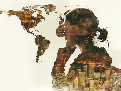 A woman is looking at a map of the world. She is thinking about something. The image has a mood of contemplation and introspection