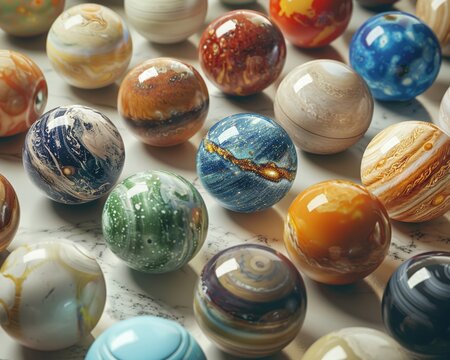a variety of meticulously crafted balls, each uniquely representing a different planet in our solar system