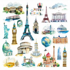 Bright and cute travel-themed stickers in watercolor famous landmarks