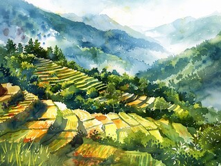 Cascading gold watercolor terraces in a lush valley