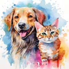 Playful Duo of Canine and Feline in Vibrant Watercolor - obrazy, fototapety, plakaty