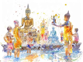 Cultural Songkran watercolor depiction of people pouring water on Buddha statues - obrazy, fototapety, plakaty