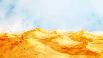 Desert dunes in golden watercolor under a blue sky