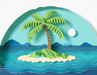 Fototapeta na wymiar Tropical island scene in paper cut-out style with palm tree