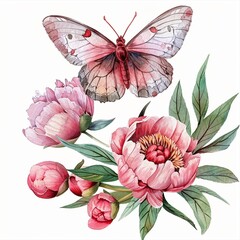 Elegant pink peonies and a watercolor butterfly
