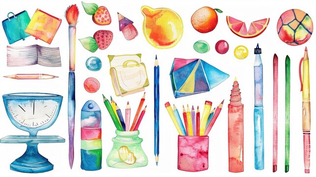 Cheerful school supplies stickers in watercolor vibrant classroom setting