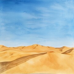 Fototapeta na wymiar Golden watercolor dunes under a clear blue sky where desert meets sky in an endless