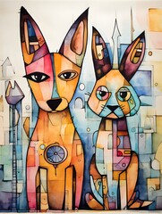 Futuristic Watercolor Depiction of Playful Pet Companions in Vibrant Hues