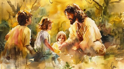 Jesus and children in a serene golden watercolor setting