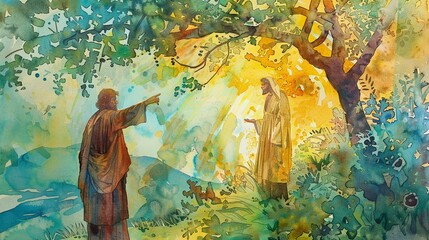 Jesus and Zacchaeus welcoming gold watercolor hospitality - obrazy, fototapety, plakaty